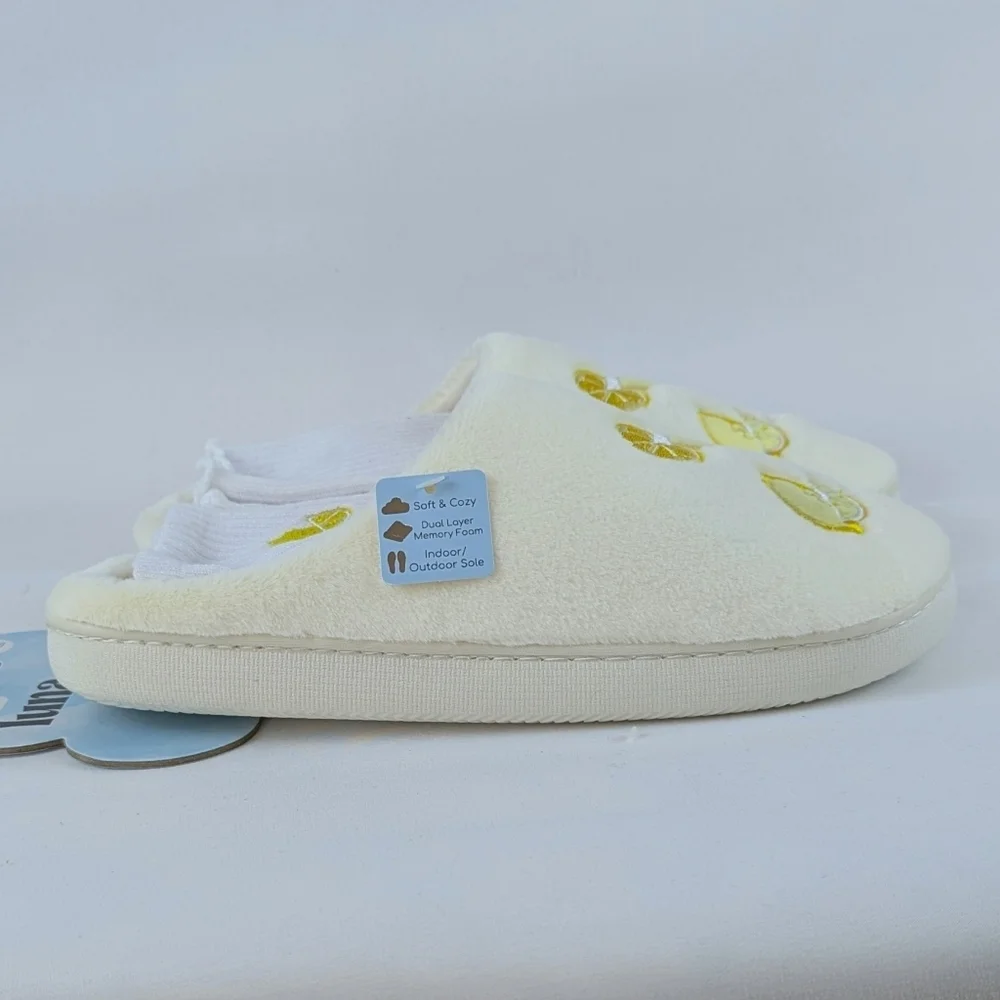 Slippers Lemon Drop Martini Embroidery Faux Fur Slip On Ivory M (6.5-7.5) NWT - Picture 5 of 13